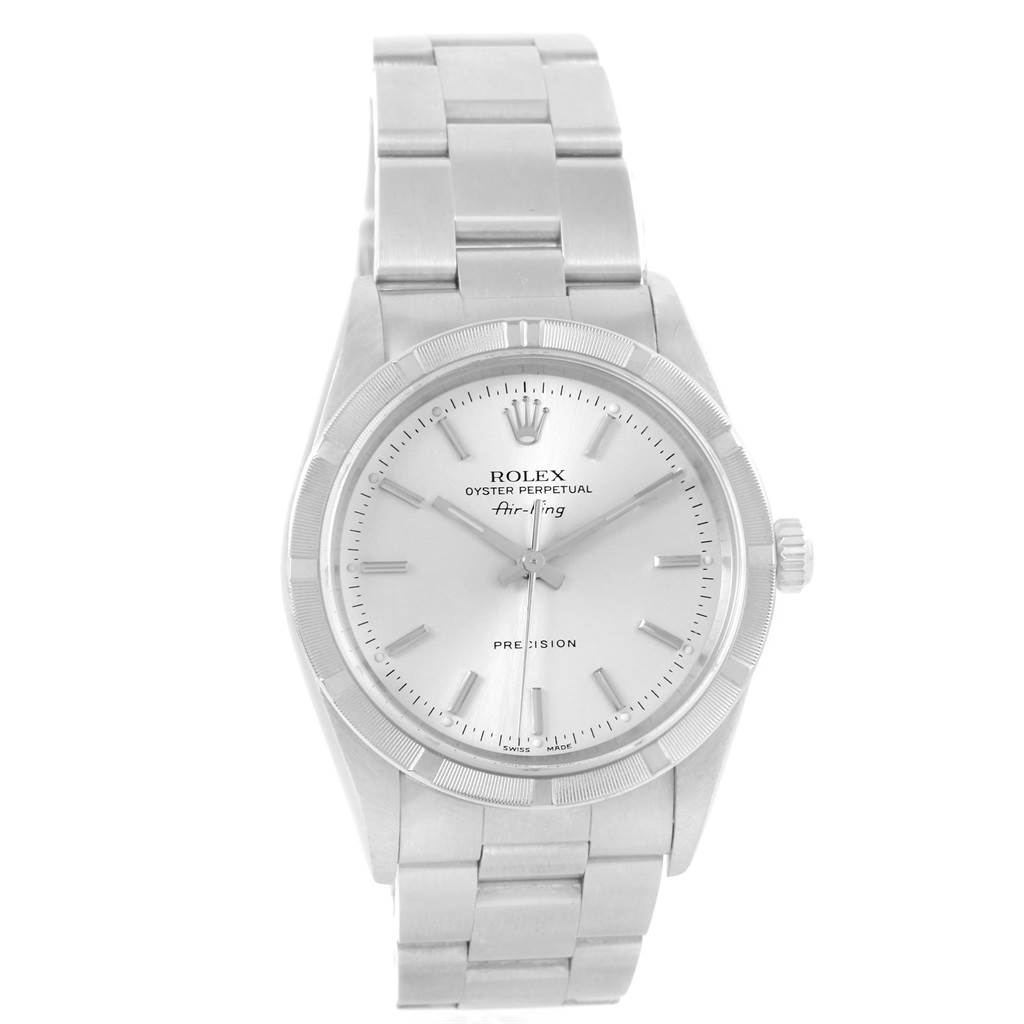 The image shows a front view of a Rolex Air-King 14010 Men's Stainless Steel Silver Dial 14010 Men's Stainless Steel Silver Dial watch, displaying its bracelet, case, dial, and crown.