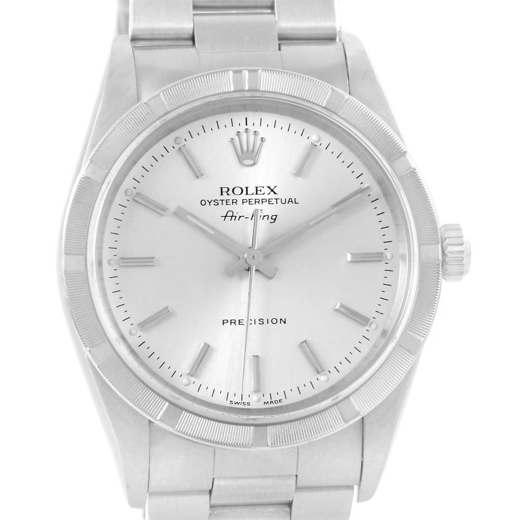The image shows a front view of the Rolex Air-King 14010 Men's Stainless Steel Silver Dial 14010 Men's Stainless Steel Silver Dial watch, highlighting the dial, hands, bezel, and part of the bracelet.