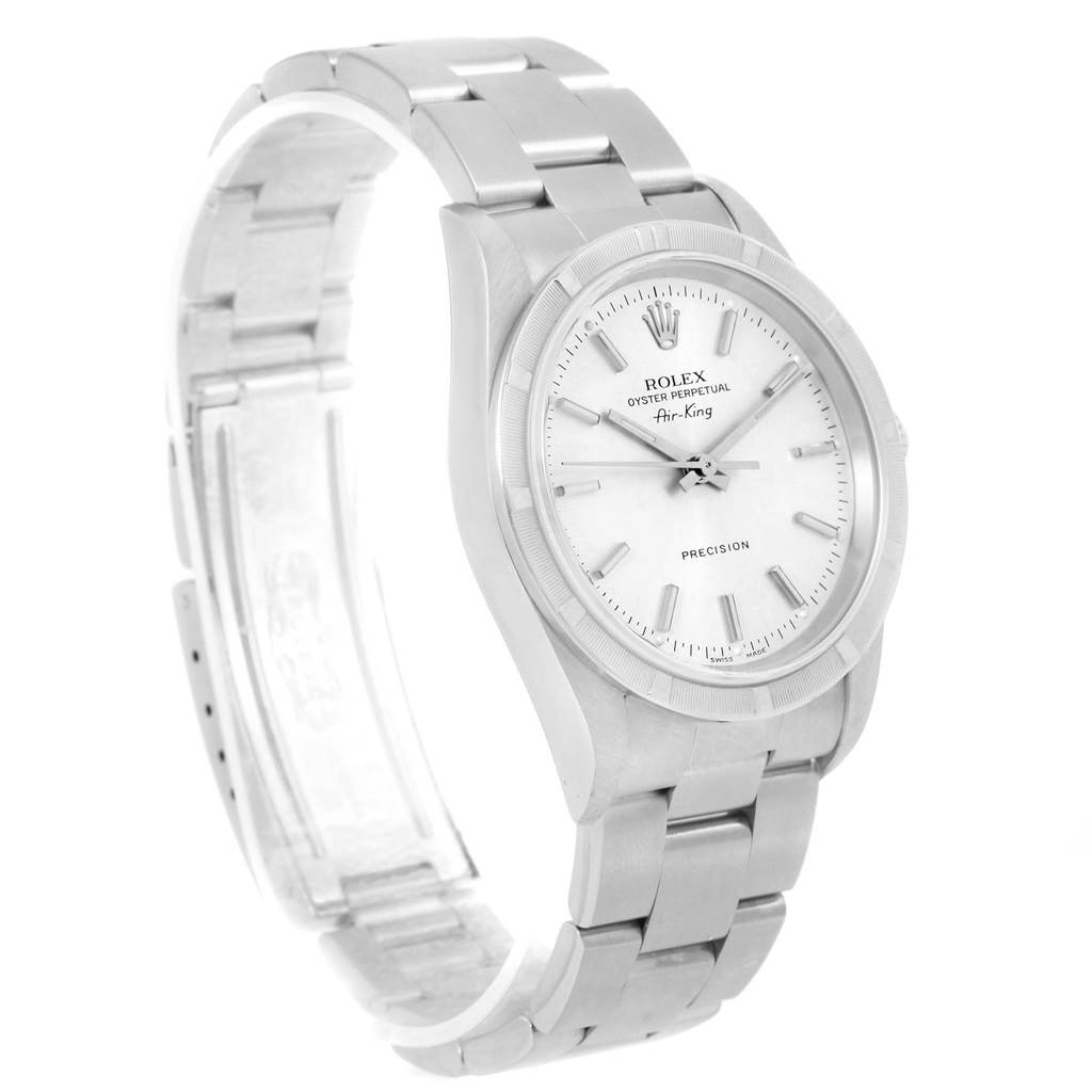 The image shows a side angle view of a Rolex Air-King 14010 Men's Stainless Steel Silver Dial 14010 Men's Stainless Steel Silver Dial watch, emphasizing the dial, case, and partially opened bracelet.