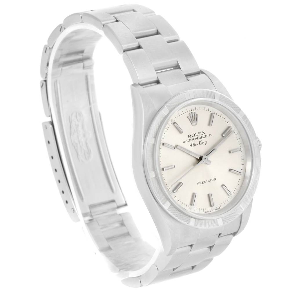 This image shows the front and side view of the Rolex Air-King 14010 Men's Stainless Steel Silver Dial 14010 Men's Stainless Steel Silver Dial watch, highlighting its dial, bezel, and bracelet.