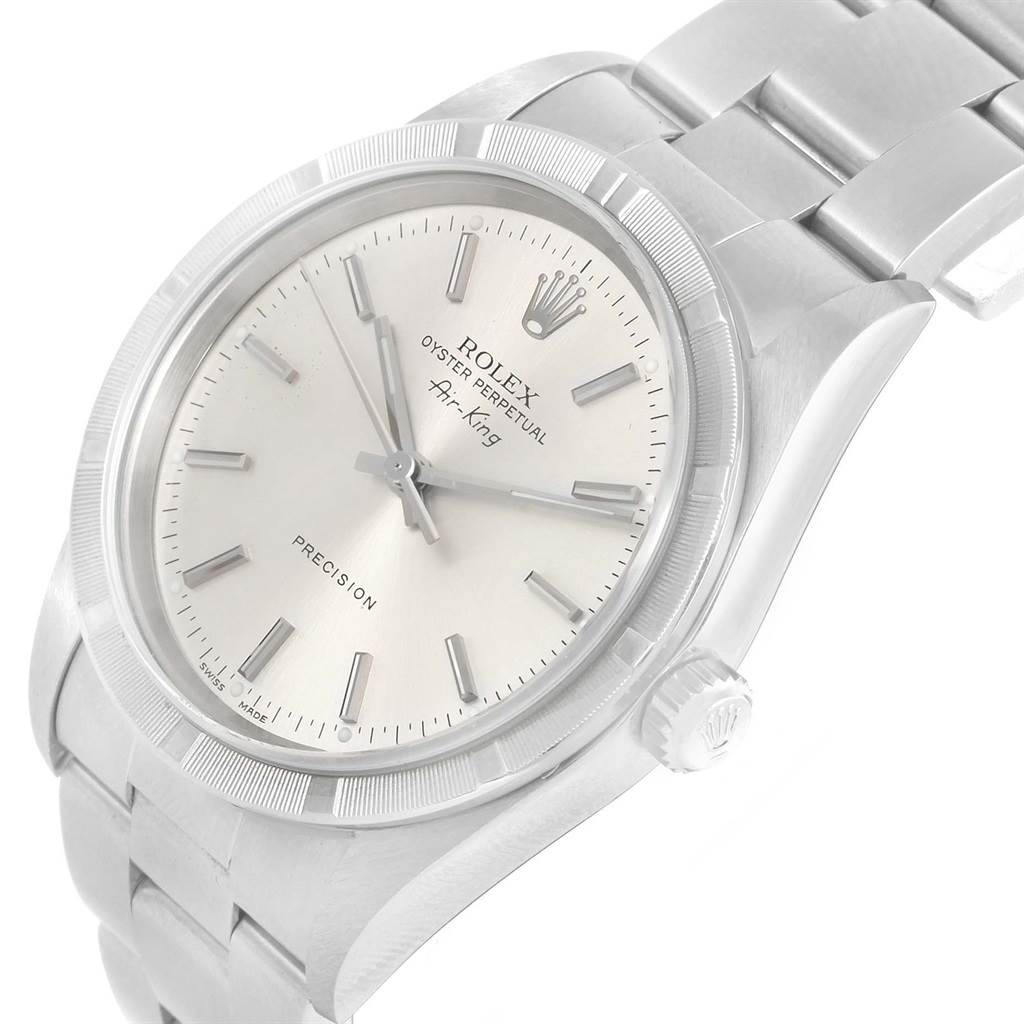 The image shows a Rolex Air-King 14010 Men's Stainless Steel Silver Dial 14010 Men's Stainless Steel Silver Dial watch, angled to highlight the face, bezel, and a portion of the bracelet and crown.