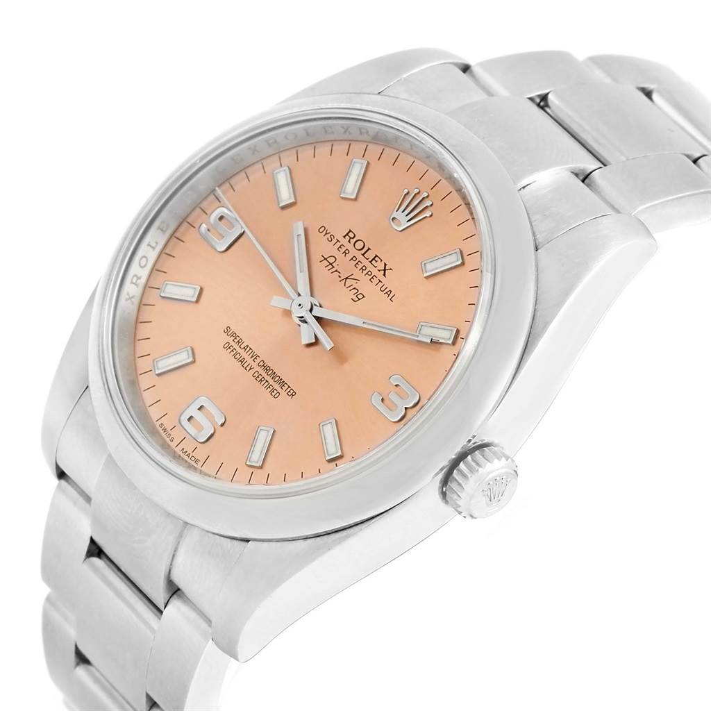 The Rolex Air-King 114200 Men's Stainless Steel Pink Dial 114200 Men's Stainless Steel Pink Dial watch is shown at a slight angle, highlighting the face, crown, and bracelet.