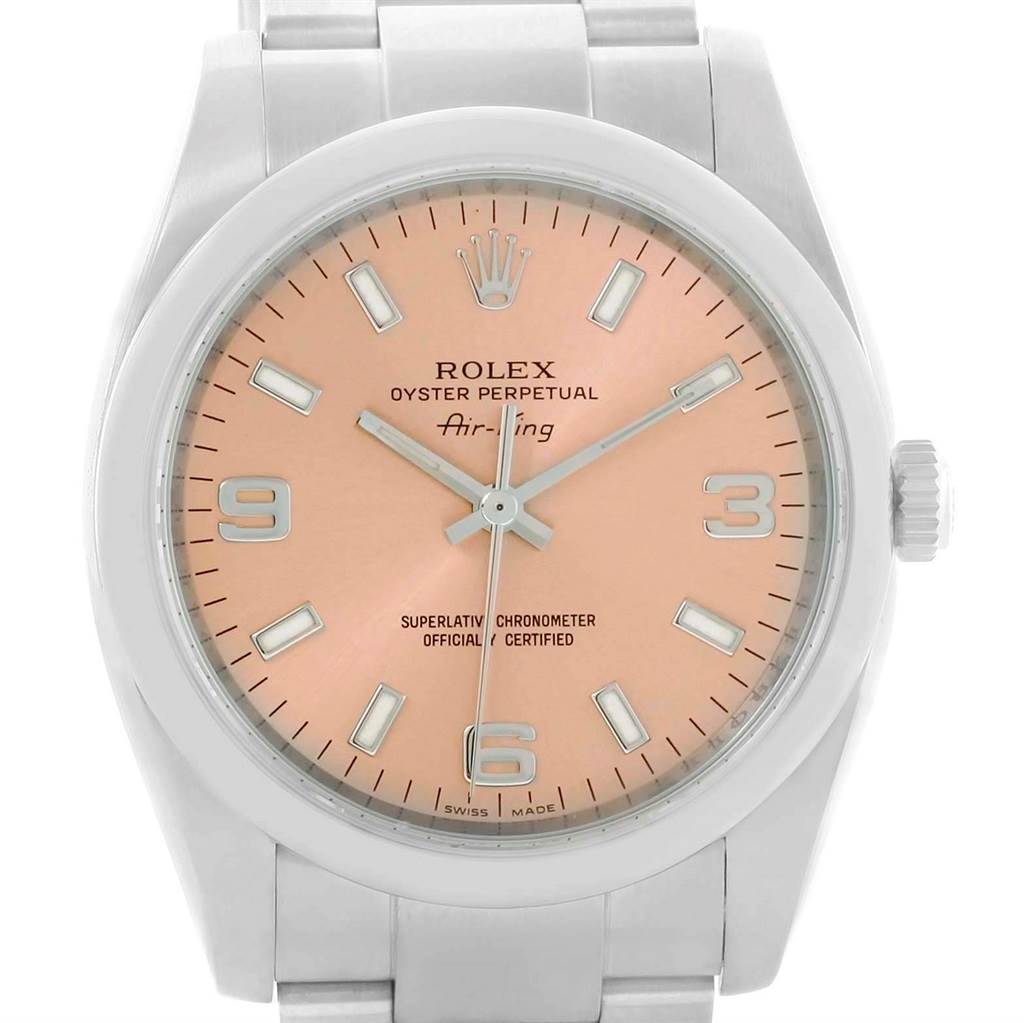 This image shows a front view of the Rolex Air-King 114200 Men's Stainless Steel Pink Dial 114200 Men's Stainless Steel Pink Dial watch, highlighting its dial, hands, crown, and part of its bracelet.