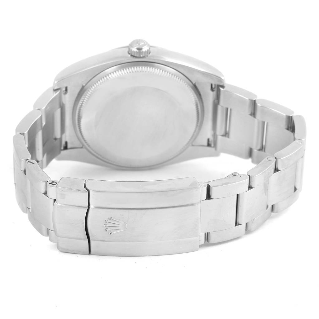 This image shows the back view of the Rolex Air-King 114200 Men's Stainless Steel Pink Dial 114200 Men's Stainless Steel Pink Dial watch, highlighting the case back and clasp of the bracelet.