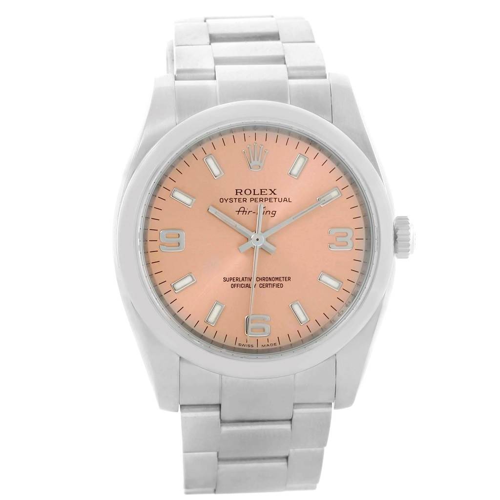 The image shows a frontal view of the Rolex Air-King 114200 Men's Stainless Steel Pink Dial 114200 Men's Stainless Steel Pink Dial watch, capturing its face, bezel, and bracelet.