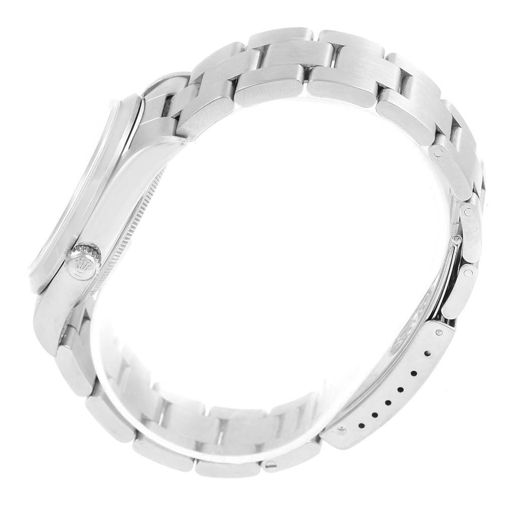 This image shows a side view of a Rolex Air-King 14000 Men's Stainless Steel Silver Dial 14000 Men's Stainless Steel Silver Dial watch focusing on the bracelet, clasp, and crown.