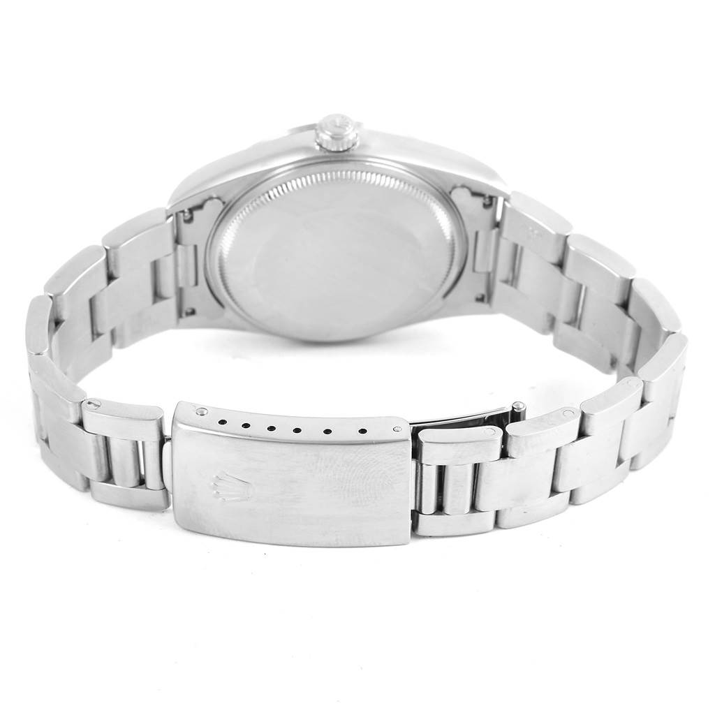 The image shows the back and clasp of a Rolex Air-King 14000 Men's Stainless Steel Silver Dial 14000 Men's Stainless Steel Silver Dial watch from a straight-on angle.