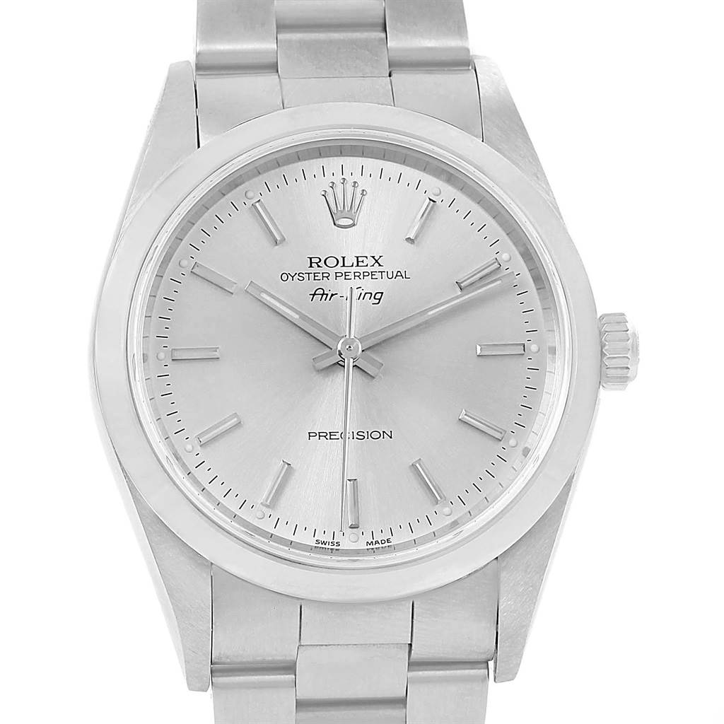 This image shows a front view of the Rolex Air-King 14000 Men's Stainless Steel Silver Dial 14000 Men's Stainless Steel Silver Dial watch, displaying its face, dial, bezel, and part of the bracelet.