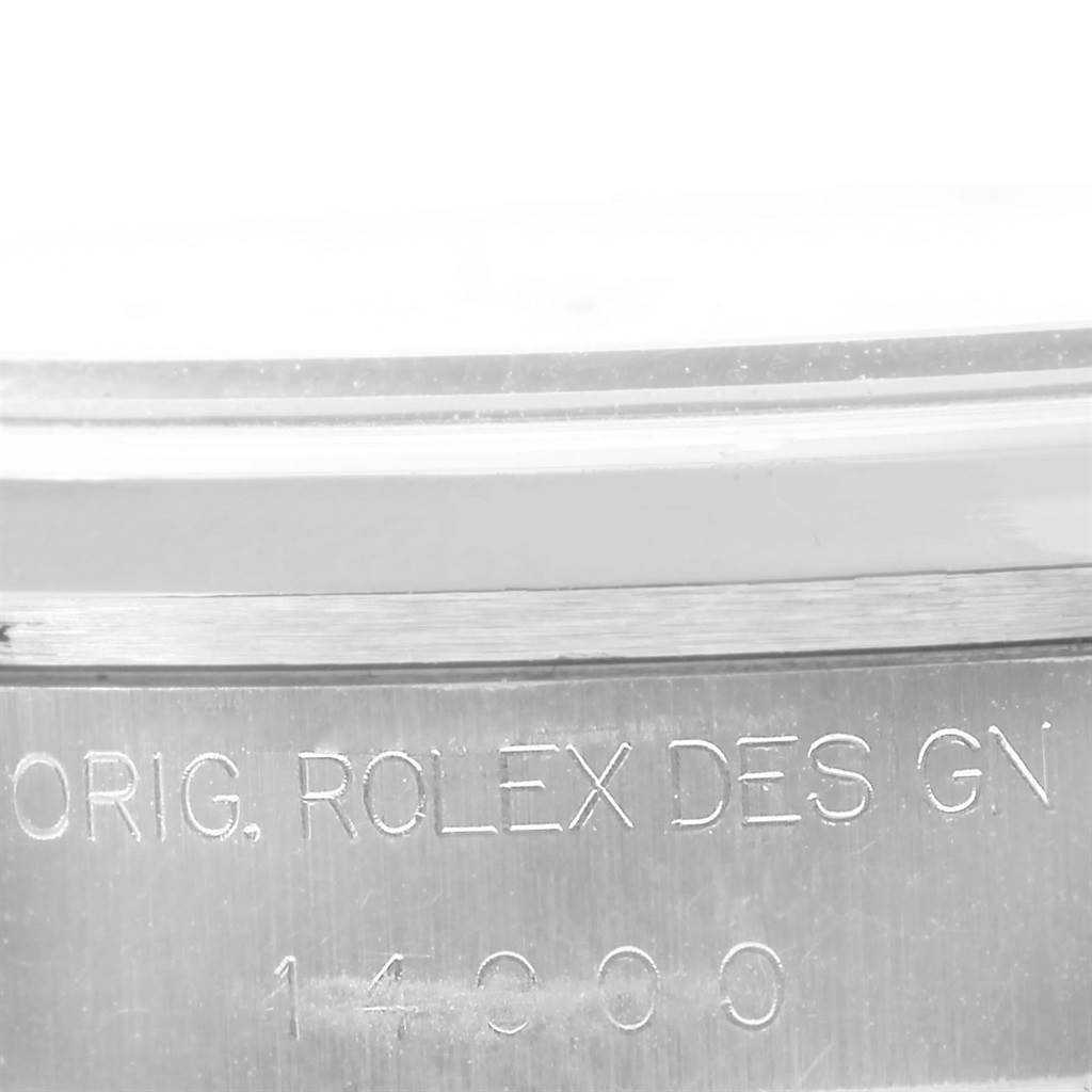 This close-up image shows the engravings on the side of the Air-King model by Rolex.