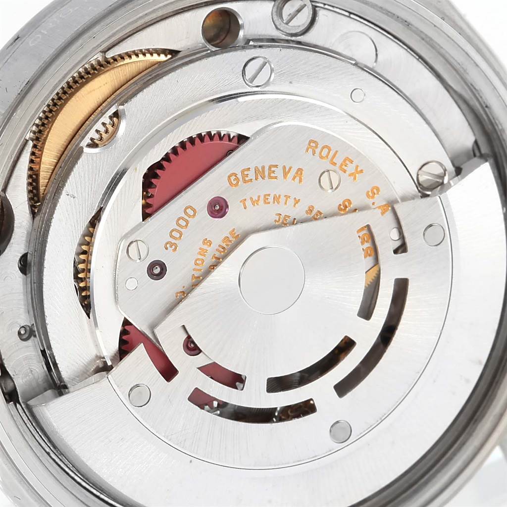 This close-up image shows the internal mechanism of the Rolex Air-King 14000 Men's Stainless Steel Silver Dial 14000 Men's Stainless Steel Silver Dial watch.