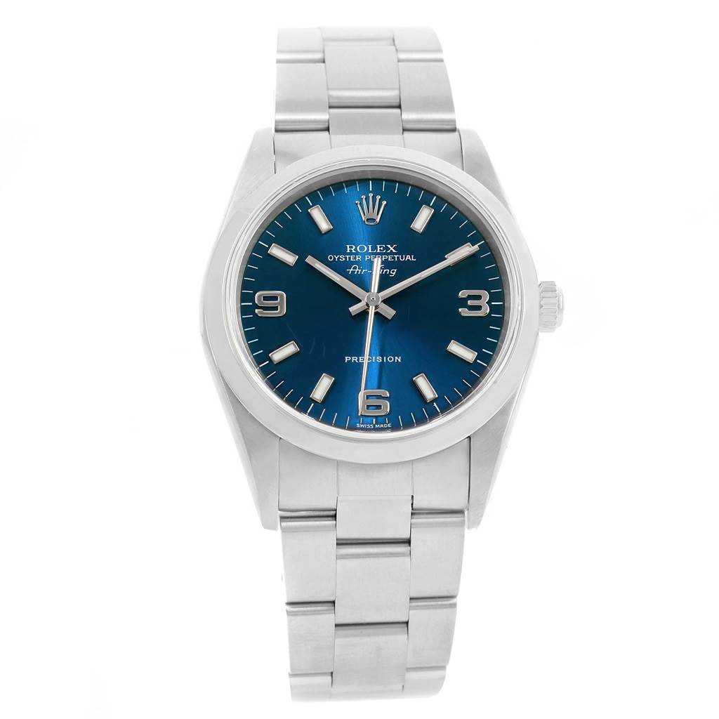The image shows a front view of a Rolex Air-King 14000 Men's Stainless Steel Blue Dial 14000 Men's Stainless Steel Blue Dial watch, highlighting the dial, hands, case, and bracelet.
