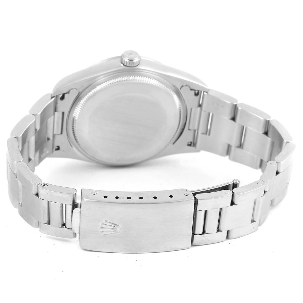 The image shows the back view of a Rolex Air-King 14000 Men's Stainless Steel Blue Dial 14000 Men's Stainless Steel Blue Dial watch, focusing on the case back and metal bracelet with clasp.