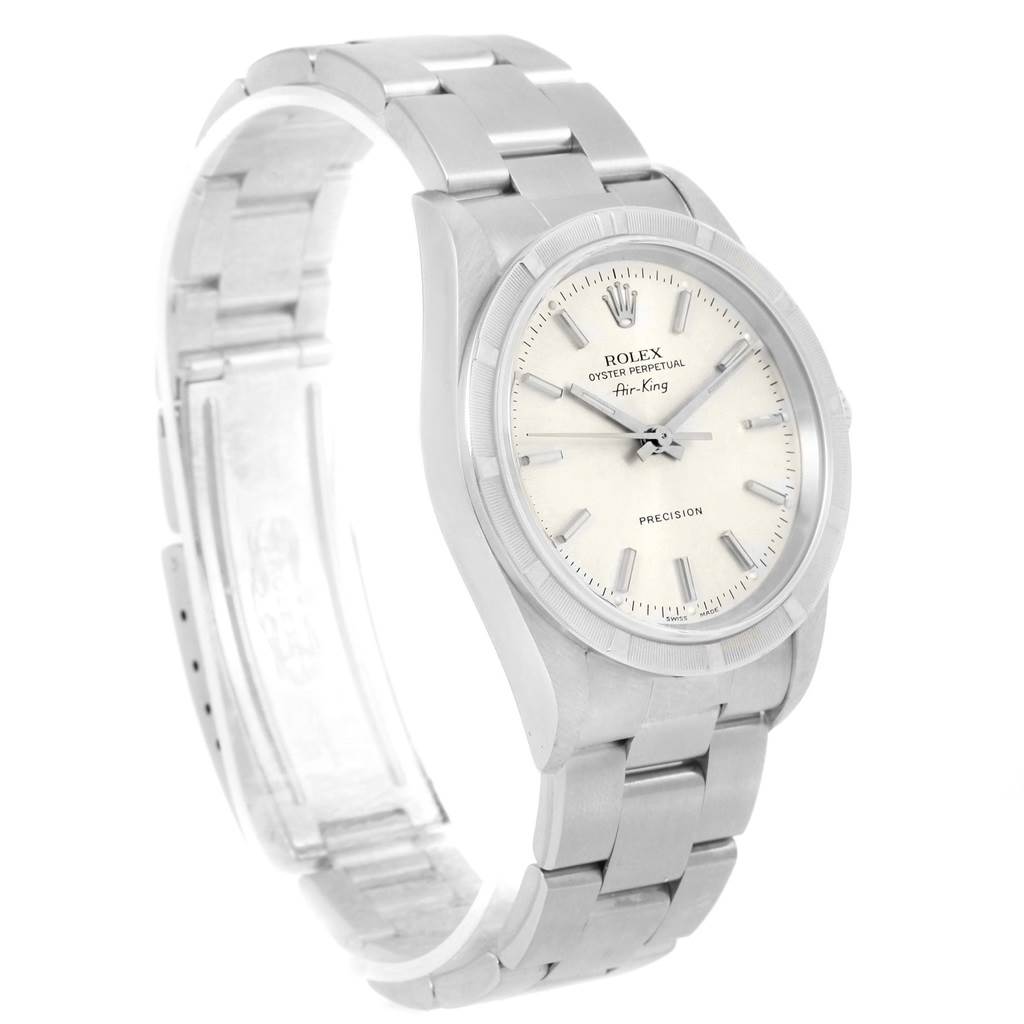 The image shows a side-angle view of a Rolex Air-King 14010 Men's Stainless Steel Silver Dial 14010 Men's Stainless Steel Silver Dial watch, featuring its stainless steel case, bracelet, and dial.
