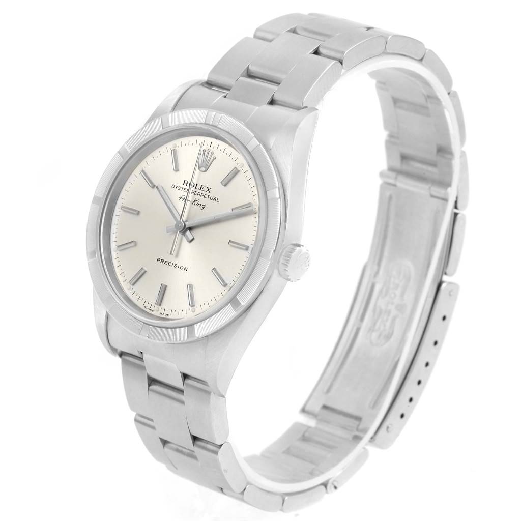 The image shows a front view of the Rolex Air-King 14010 Men's Stainless Steel Silver Dial 14010 Men's Stainless Steel Silver Dial watch, highlighting its dial, bezel, crown, and bracelet.