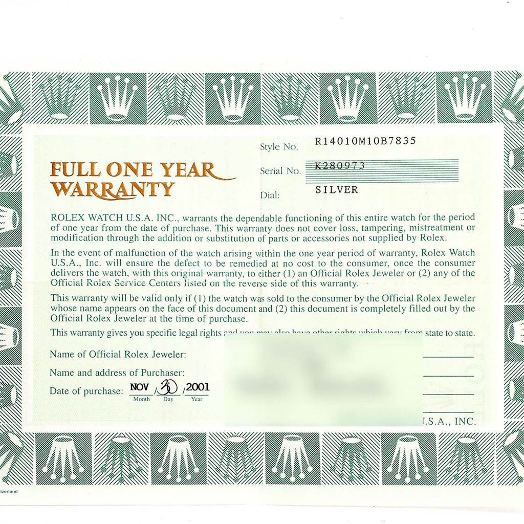 This image shows the warranty card for the Rolex Air-King 14010 Men's Stainless Steel Silver Dial 14010 Men's Stainless Steel Silver Dial watch, including details like style number and date of purchase.