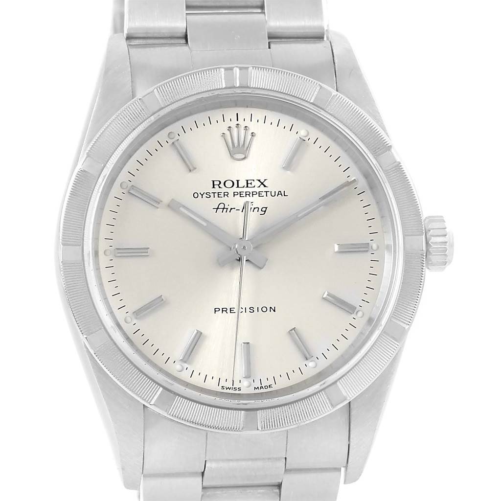 This image shows a front view of the Rolex Air-King 14010 Men's Stainless Steel Silver Dial 14010 Men's Stainless Steel Silver Dial watch face and bracelet.