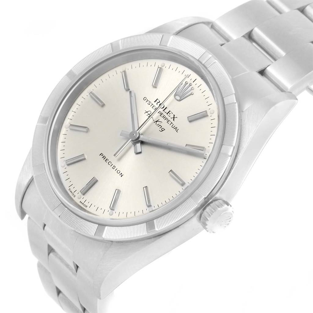 The image shows a Rolex Air-King 14010 Men's Stainless Steel Silver Dial 14010 Men's Stainless Steel Silver Dial watch angled from above revealing the face, crown, and part of the bracelet.