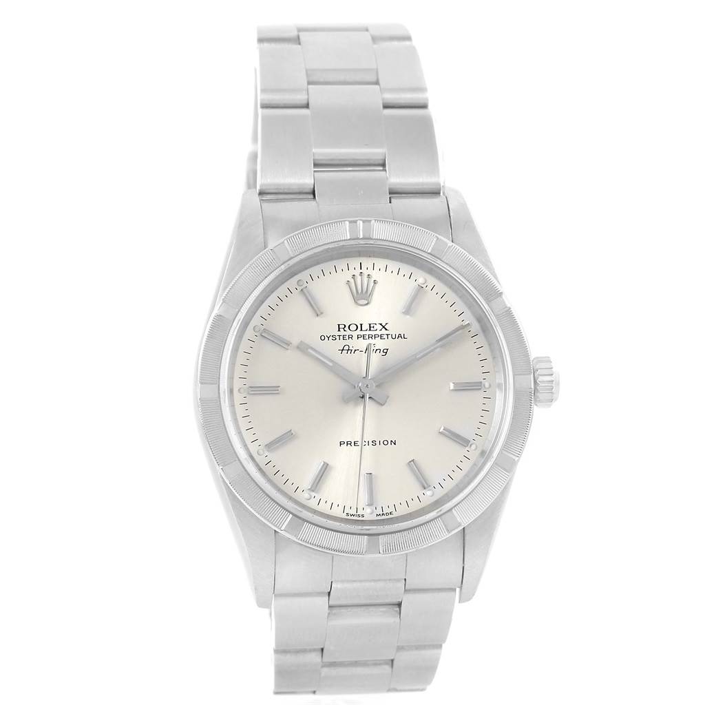 This Rolex Air-King 14010 Men's Stainless Steel Silver Dial 14010 Men's Stainless Steel Silver Dial watch is shown from a top-down angle, showcasing its face, bracelet, and crown.