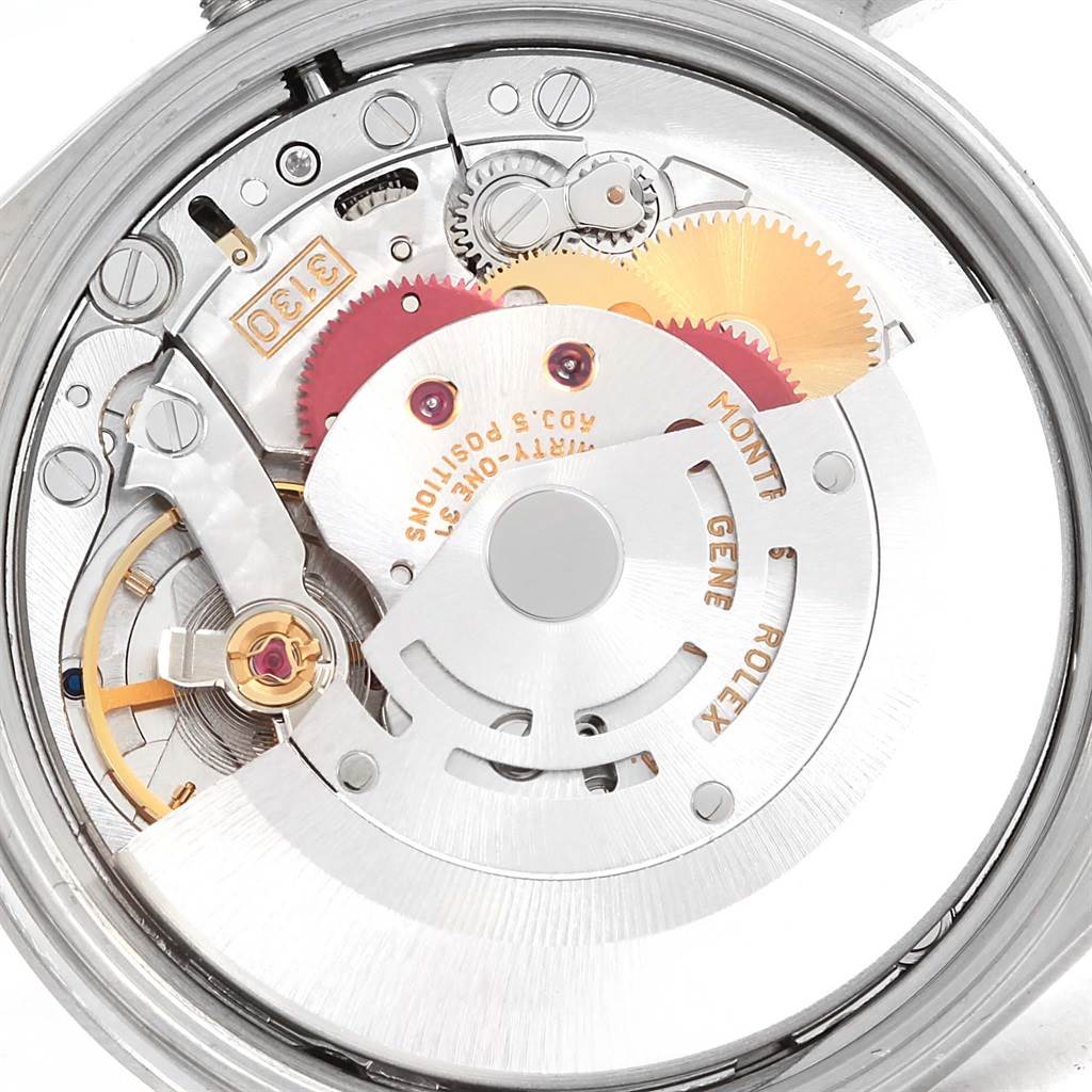 The image shows the internal movement and mechanical parts of a Rolex Air-King 14000 Stainless Steel Pink Dial 14000 Stainless Steel Pink Dial watch from a top-down angle.
