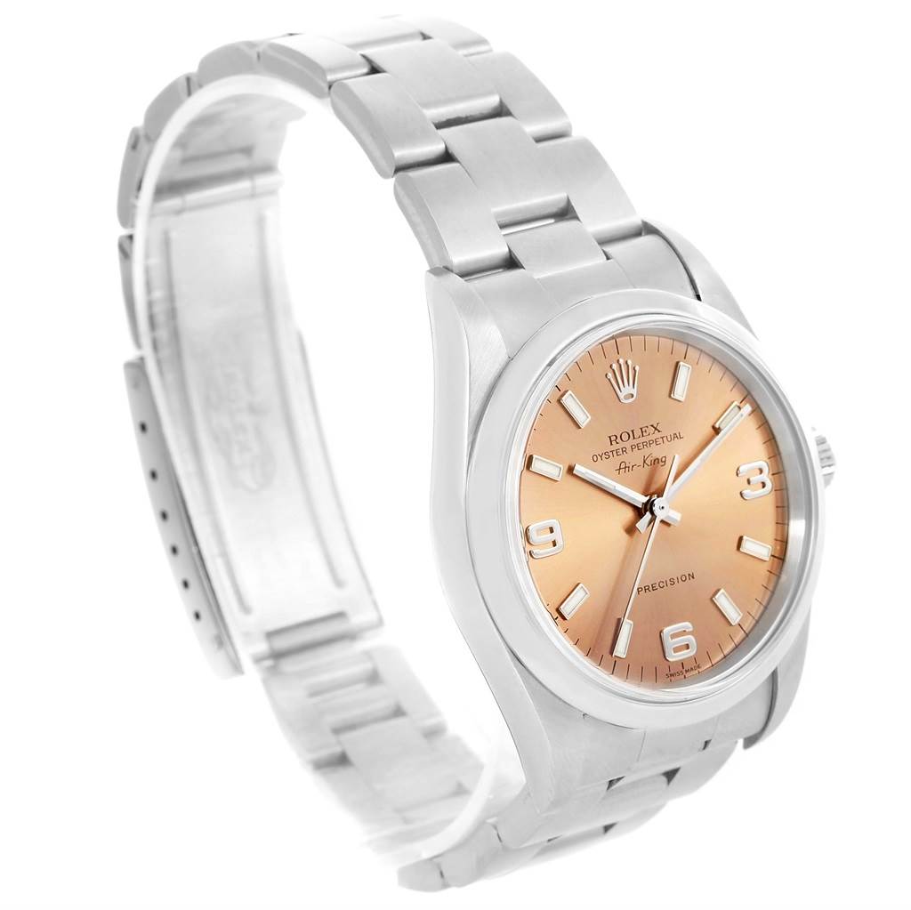 The image shows a Rolex Air-King 14000 Stainless Steel Pink Dial 14000 Stainless Steel Pink Dial watch angled to display the dial, bezel, crown, and bracelet.