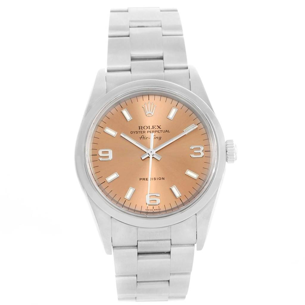 This image shows a frontal view of a Rolex Air-King 14000 Stainless Steel Pink Dial 14000 Stainless Steel Pink Dial watch, highlighting its stainless steel case and bracelet with a gold dial.