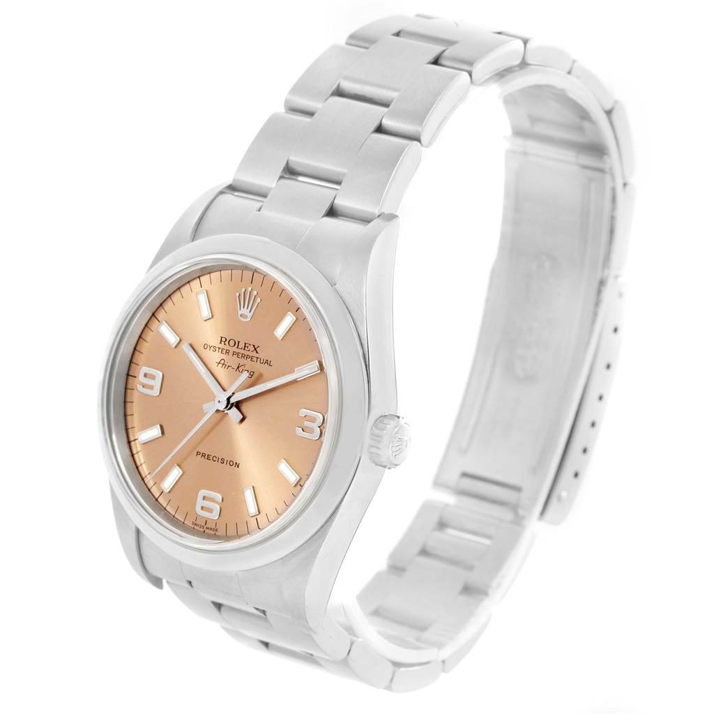 The image shows a Rolex Air-King 14000 Stainless Steel Pink Dial 14000 Stainless Steel Pink Dial watch at a three-quarter angle, highlighting its face, case, crown, and bracelet.