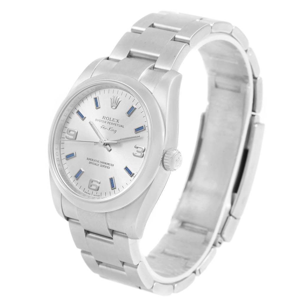 This image shows a front and slightly angled view of a Rolex Air-King 114200 Men's Stainless Steel Silver Dial 114200 Men's Stainless Steel Silver Dial watch, displaying its dial and band.