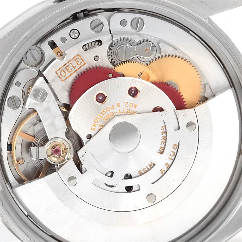 The image shows the internal mechanism, specifically the movement, of the Rolex Air-King 114200 Men's Stainless Steel Silver Dial 114200 Men's Stainless Steel Silver Dial watch from a top-down angle.