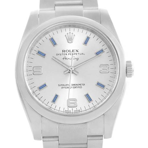 Photo of Rolex Air King Silver Dial Blue Baton Markers Steel Watch 114200