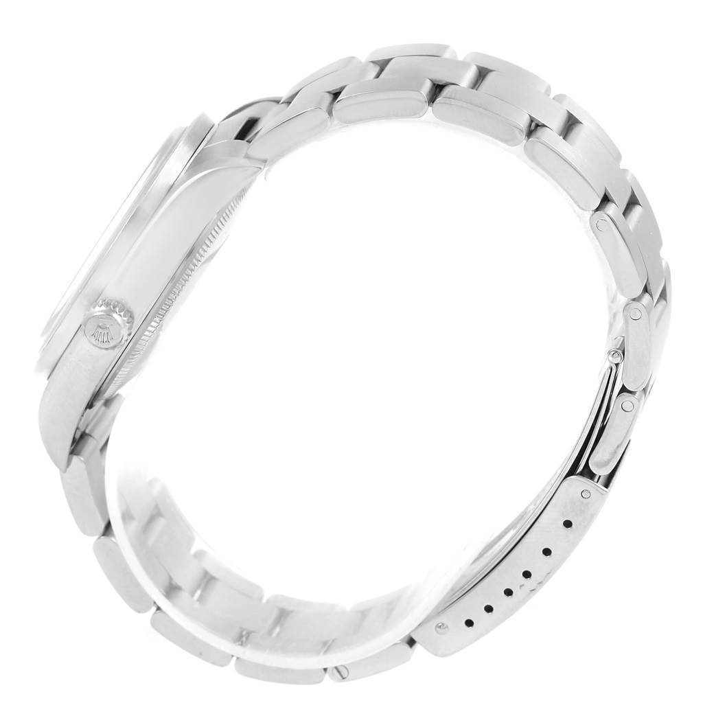 The image shows a Rolex Air-King 14010 Men's Stainless Steel Silver Dial 14010 Men's Stainless Steel Silver Dial watch from its left side, highlighting the case, bracelet, and clasp.