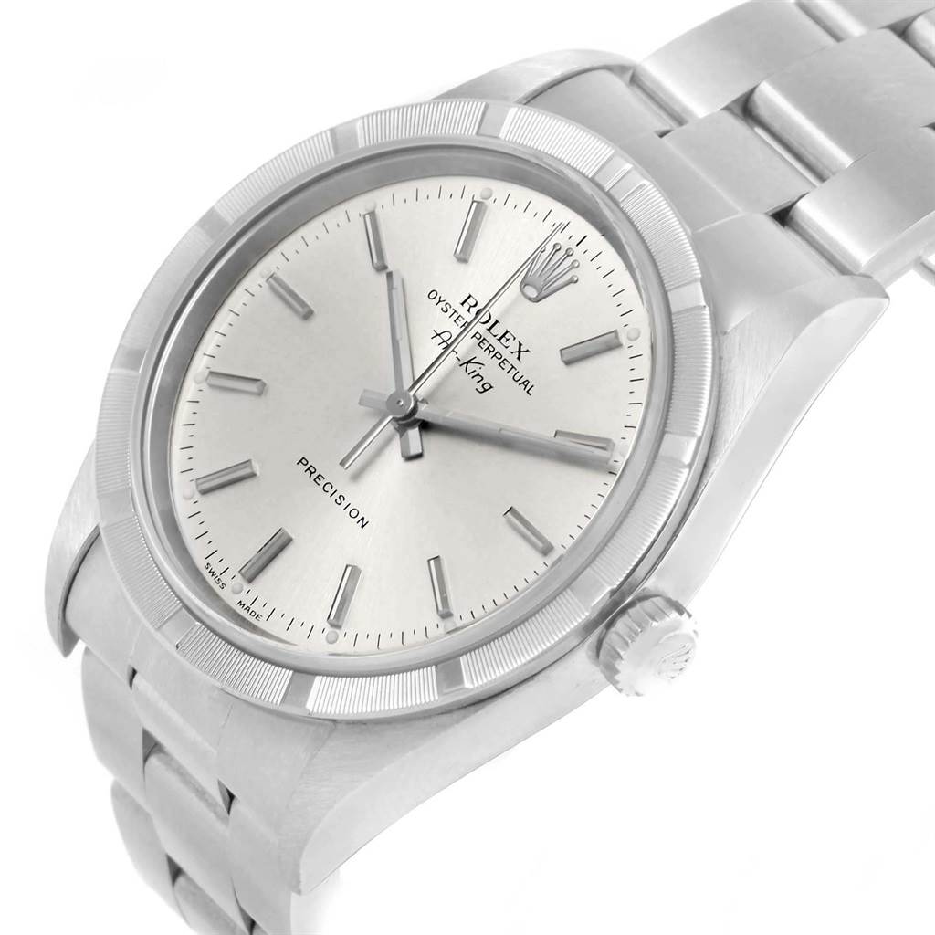 The Rolex Air-King 14010 Men's Stainless Steel Silver Dial 14010 Men's Stainless Steel Silver Dial watch is shown from an oblique angle, displaying the face, bezel, crown, and part of the bracelet.