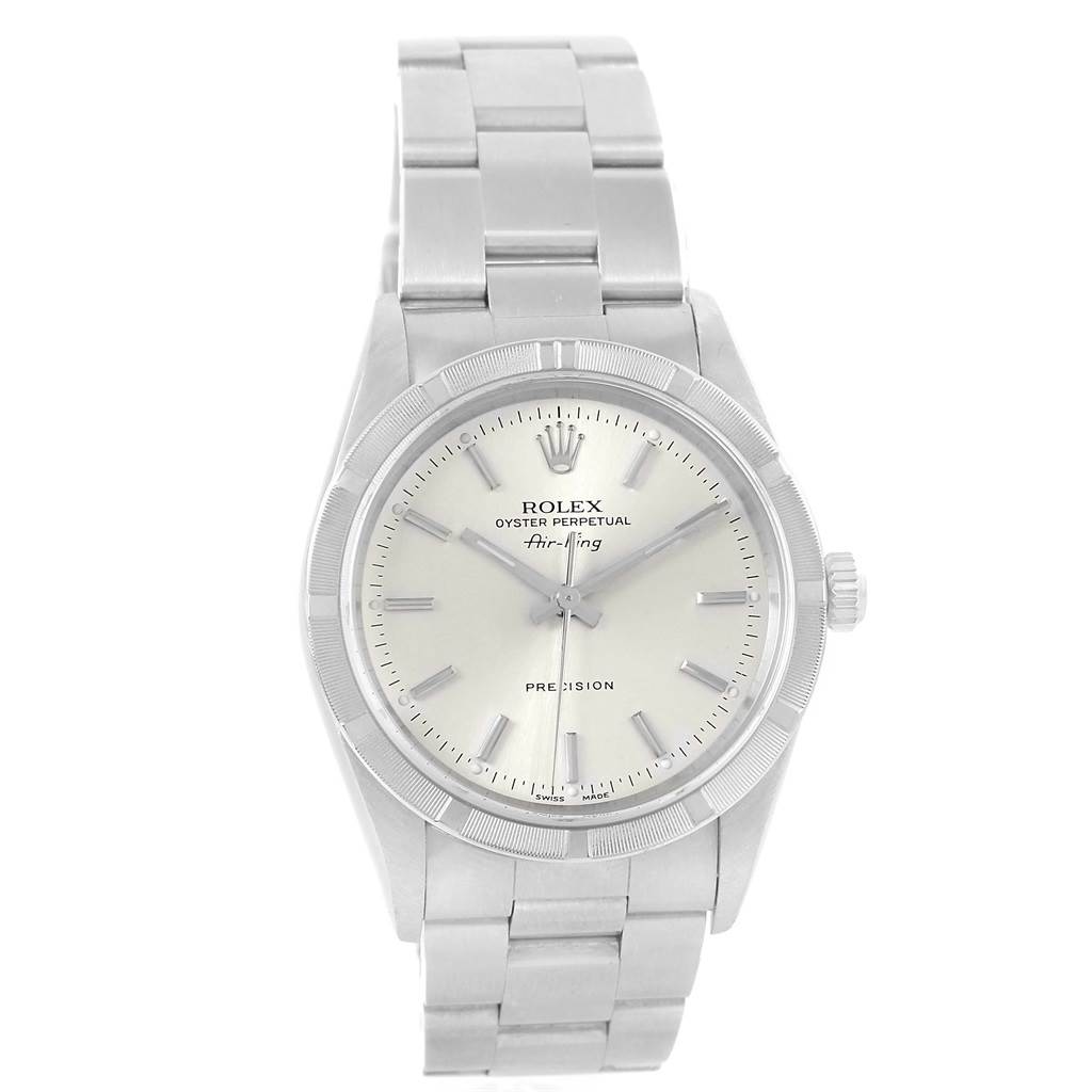 The Rolex Air-King 14010 Men's Stainless Steel Silver Dial 14010 Men's Stainless Steel Silver Dial watch is shown from the front, displaying the face, bezel, crown, and bracelet.