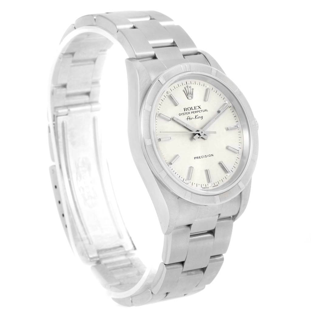 The image shows the front view of a Rolex Air-King 14010 Men's Stainless Steel Silver Dial 14010 Men's Stainless Steel Silver Dial watch, highlighting the face, bezel, and part of the metal bracelet.