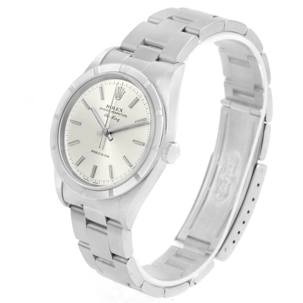 The image shows a Rolex Air-King 14010 Men's Stainless Steel Silver Dial 14010 Men's Stainless Steel Silver Dial watch from a three-quarter angle, highlighting its face, bezel, crown, and bracelet.