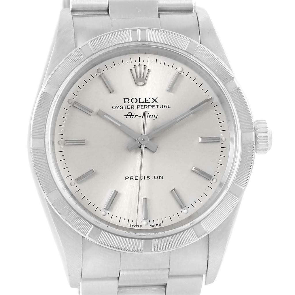 The image shows a frontal view of a Rolex Air-King 14010 Men's Stainless Steel Silver Dial 14010 Men's Stainless Steel Silver Dial watch, highlighting its dial, bezel, and bracelet.