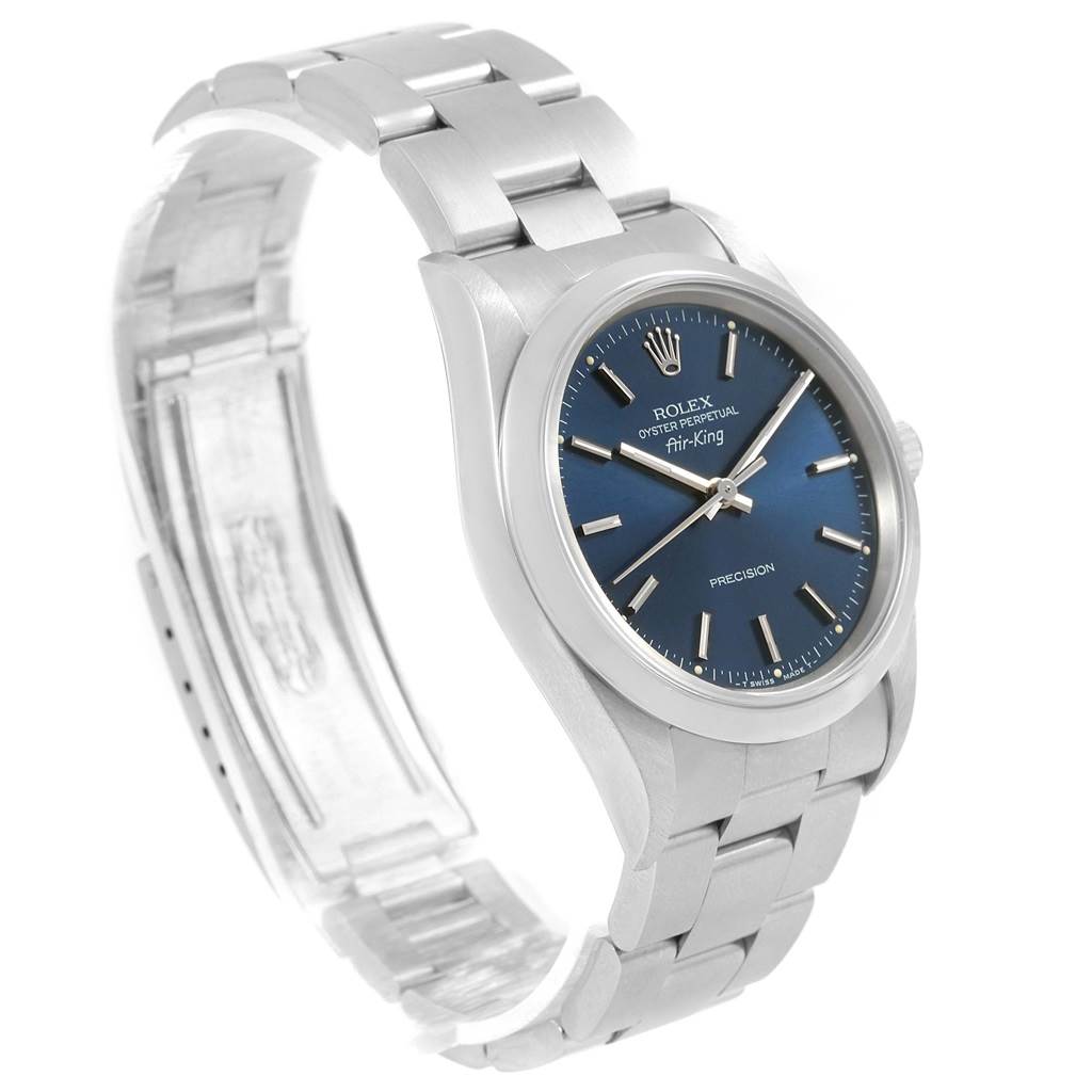 The image shows a Rolex Air-King 14000 Men's Stainless Steel Blue Dial 14000 Men's Stainless Steel Blue Dial watch at an angle highlighting the dial, case, and partially open bracelet.