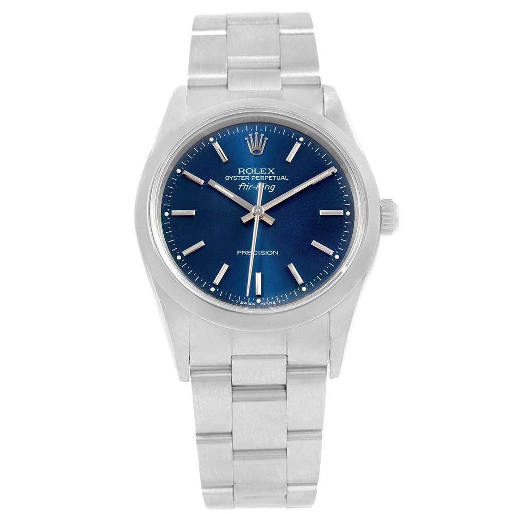 The image shows a frontal view of a Rolex Air-King 14000 Men's Stainless Steel Blue Dial 14000 Men's Stainless Steel Blue Dial watch, displaying its blue dial, hands, markers, and metal bracelet.
