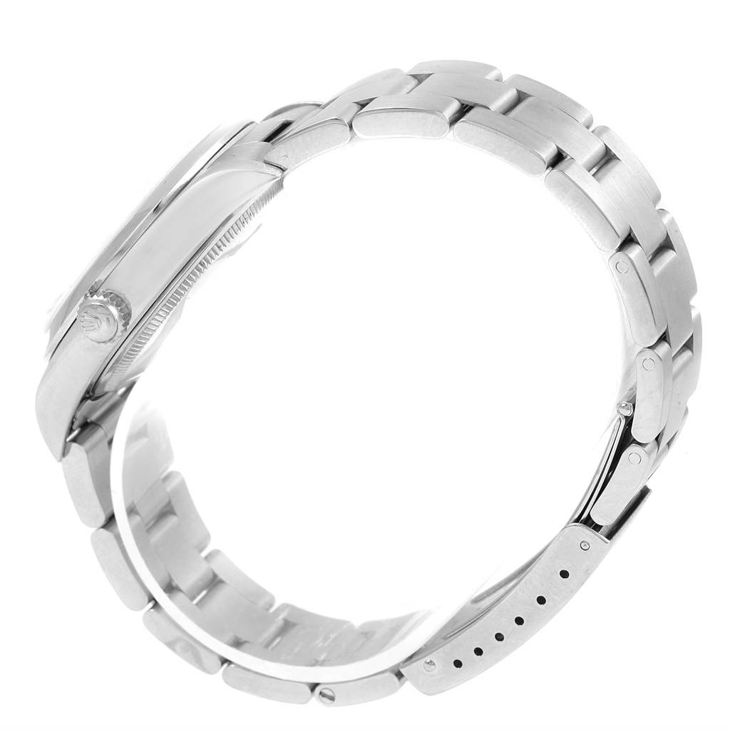 The image shows a side view of a Rolex Air-King 14000 Men's Stainless Steel Blue Dial 14000 Men's Stainless Steel Blue Dial watch, highlighting the bracelet and crown.