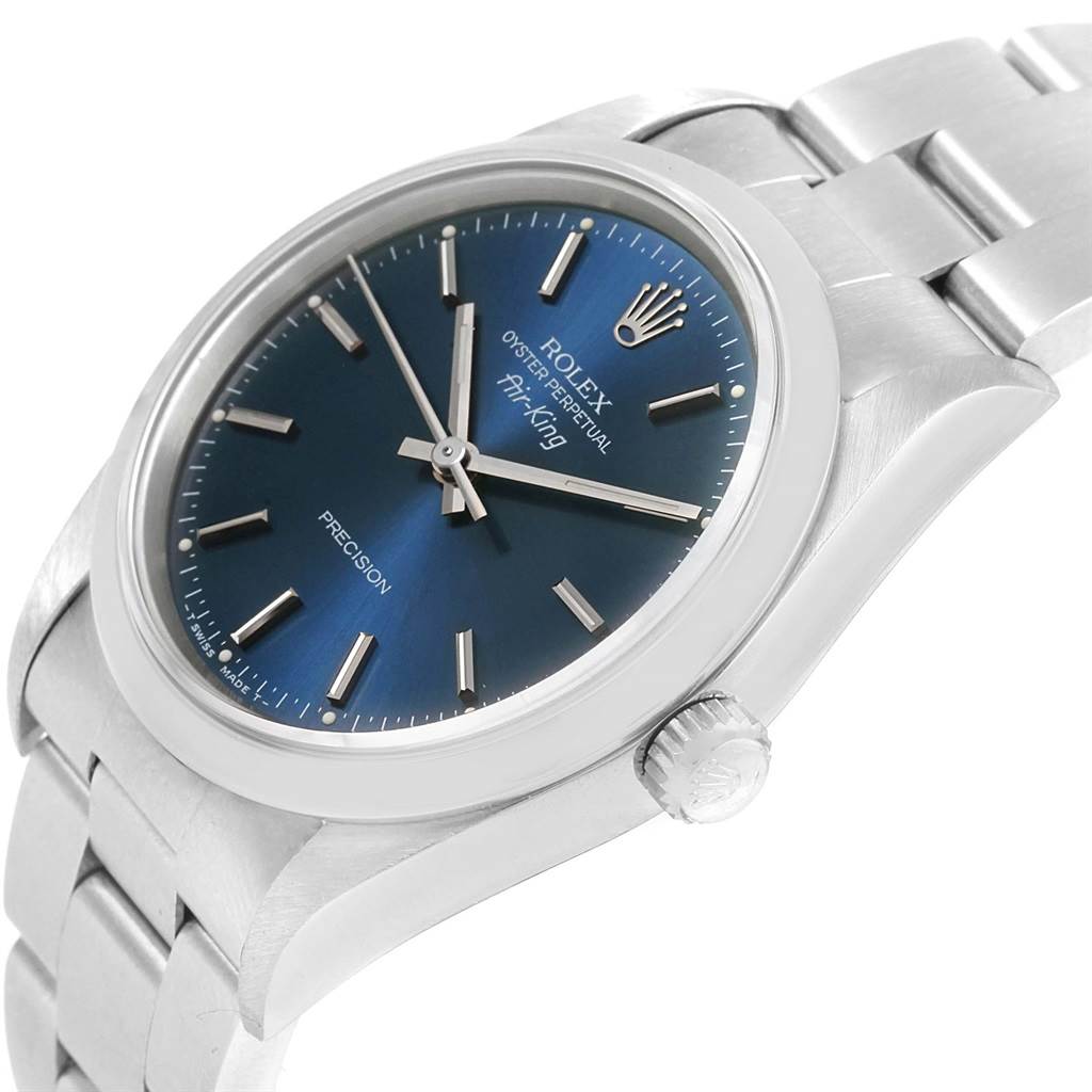 The Rolex Air-King 14000 Men's Stainless Steel Blue Dial 14000 Men's Stainless Steel Blue Dial watch is shown at an angled close-up, displaying the dial, bezel, crown, and part of the bracelet.