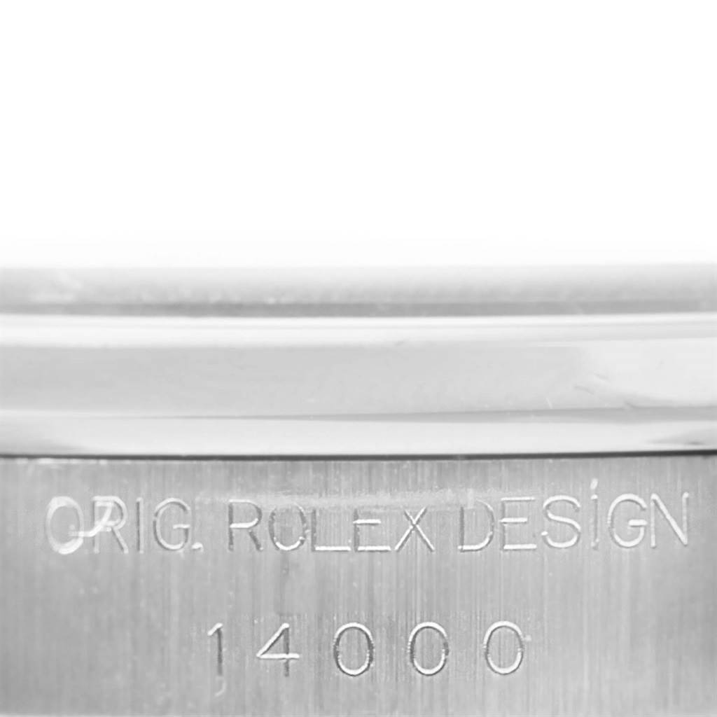 The image shows a close-up of the engraved case back with the serial number and "ORIG. ROLEX DESIGN" on a Rolex Air-King 14000 Men's Stainless Steel Blue Dial 14000 Men's Stainless Steel Blue Dial watch.