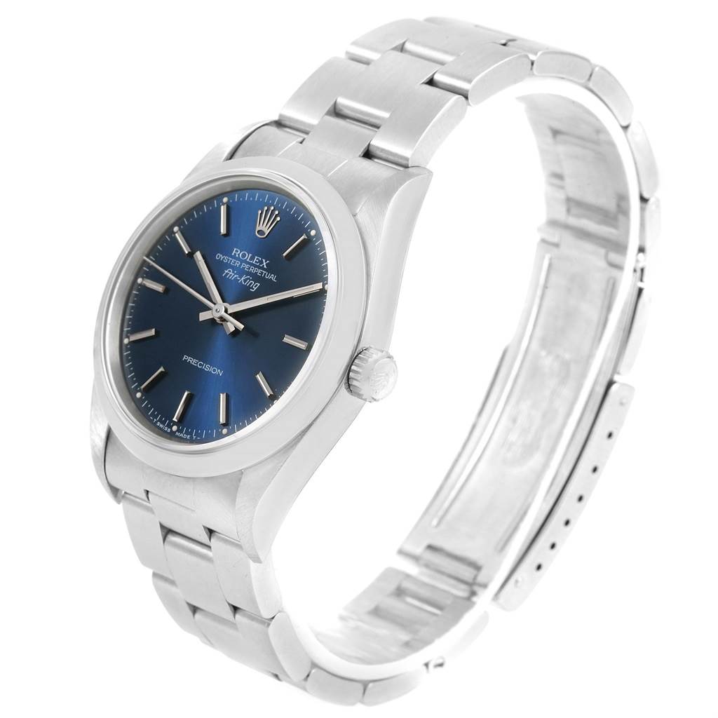 This image shows a Rolex Air-King 14000 Men's Stainless Steel Blue Dial 14000 Men's Stainless Steel Blue Dial watch at a three-quarter angle, highlighting its face, crown, and stainless steel bracelet.