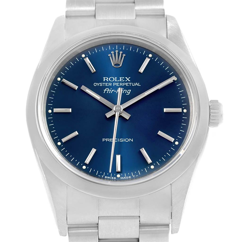 The image shows a frontal view of the Rolex Air-King 14000 Men's Stainless Steel Blue Dial 14000 Men's Stainless Steel Blue Dial watch, highlighting its blue dial, silver markers, and stainless steel bracelet.