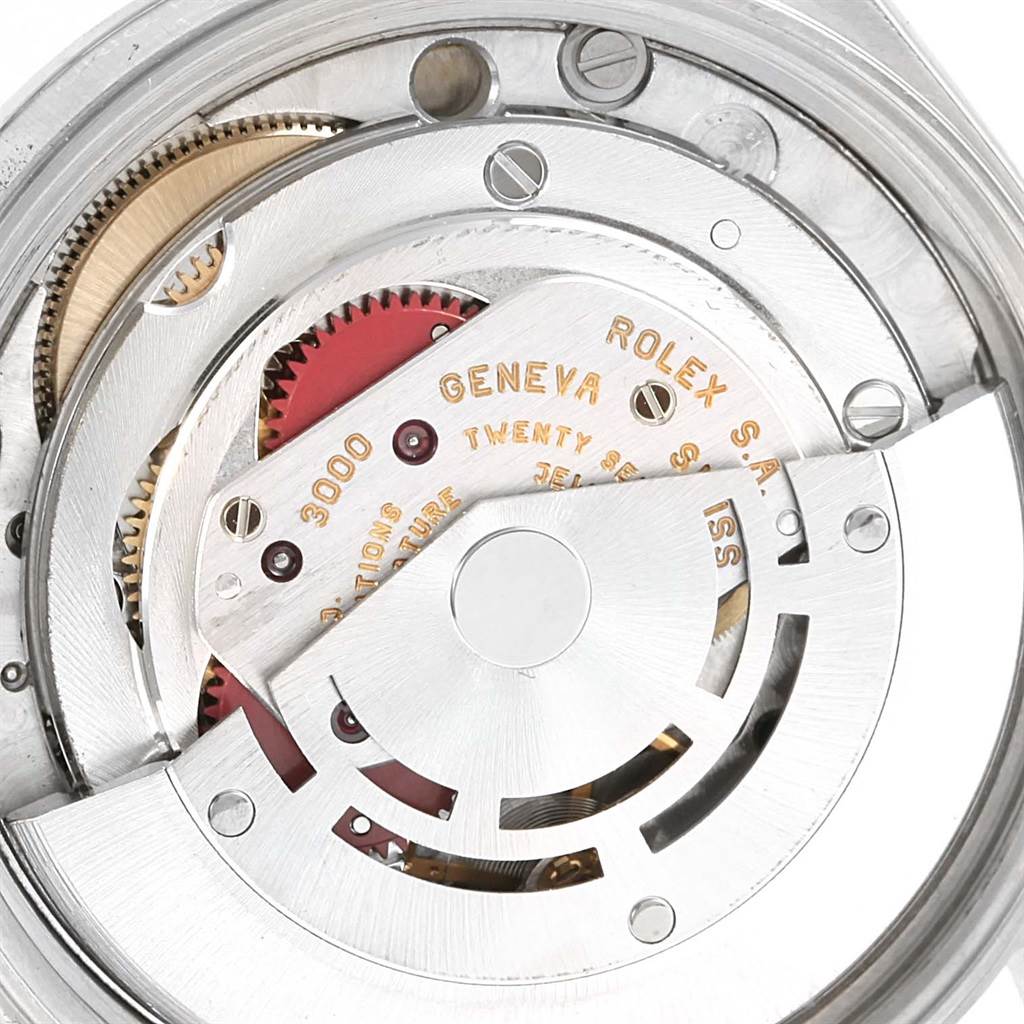 The image shows a detailed view of the Rolex Air-King 14000 Men's Stainless Steel Blue Dial 14000 Men's Stainless Steel Blue Dial watch's movement mechanism and internal components.