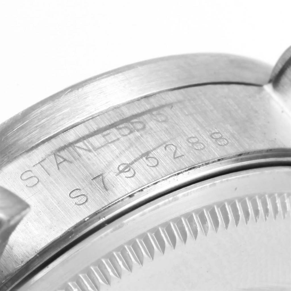 This close-up shows the stainless steel case back and serial number of the Rolex Air-King 14010 Men's Stainless Steel White Dial 14010 Men's Stainless Steel White Dial watch.