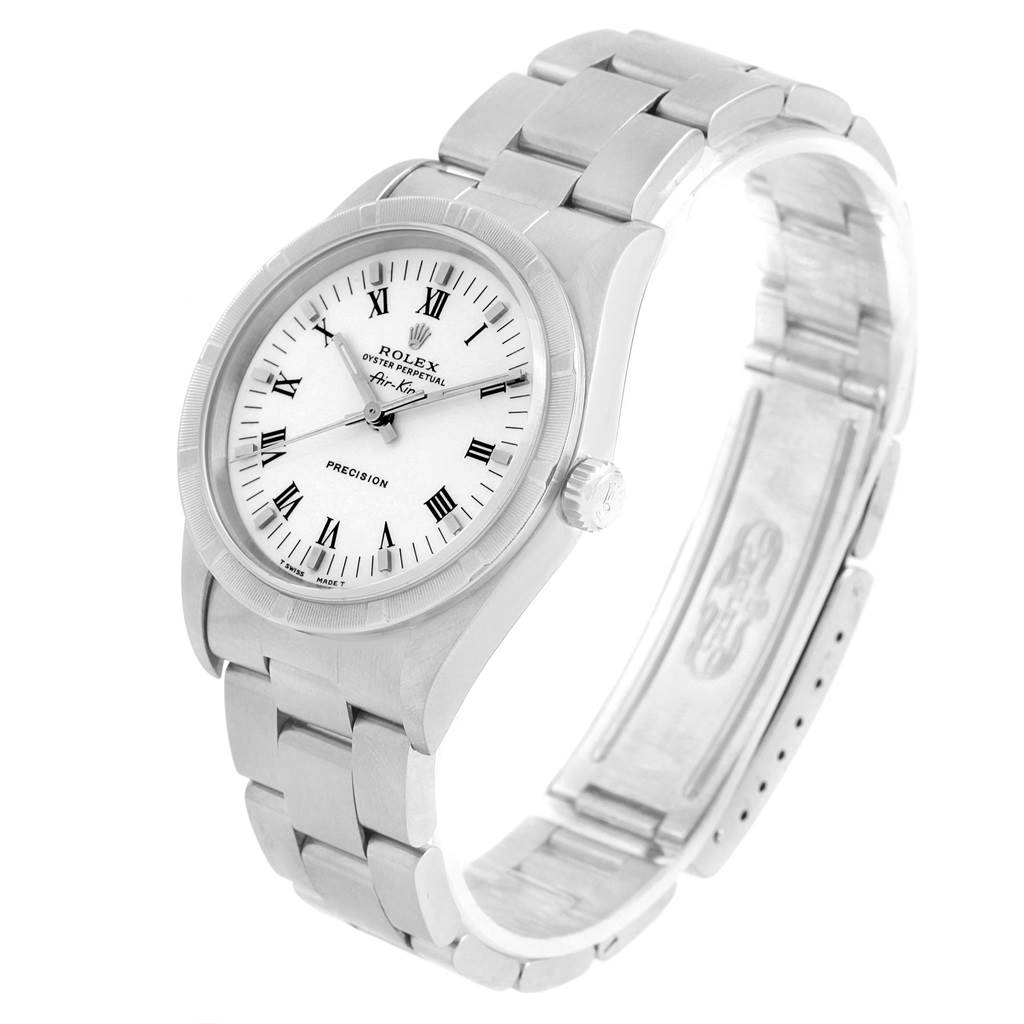 The image shows a side-angle view of the Rolex Air-King 14010 Men's Stainless Steel White Dial 14010 Men's Stainless Steel White Dial watch, featuring its bracelet, clasp, bezel, and white dial with Roman numerals.