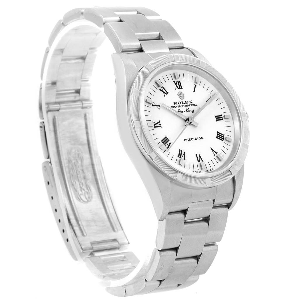 The image shows a Rolex Air-King 14010 Men's Stainless Steel White Dial 14010 Men's Stainless Steel White Dial watch at an oblique angle, highlighting its face, bracelet, and partially open clasp.