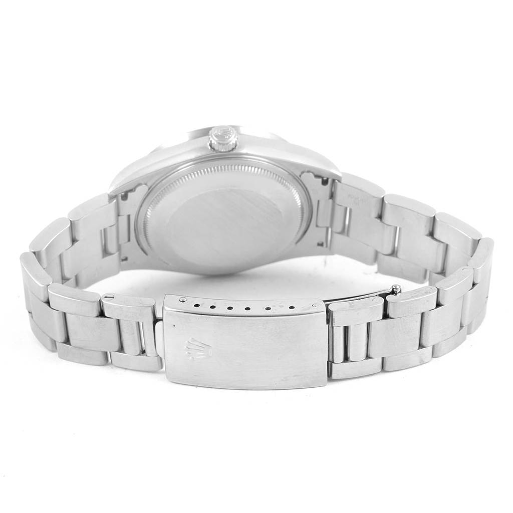 This image shows the back casing and clasp of the Rolex Air-King 14010 Men's Stainless Steel White Dial 14010 Men's Stainless Steel White Dial watch from a rear angle.