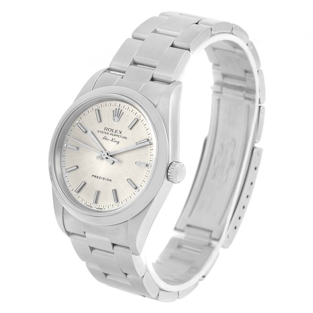 The image shows a Rolex Air-King 14000 Men's Stainless Steel Silver Dial 14000 Men's Stainless Steel Silver Dial watch at a three-quarter angle, displaying its face, crown, and bracelet in full view.
