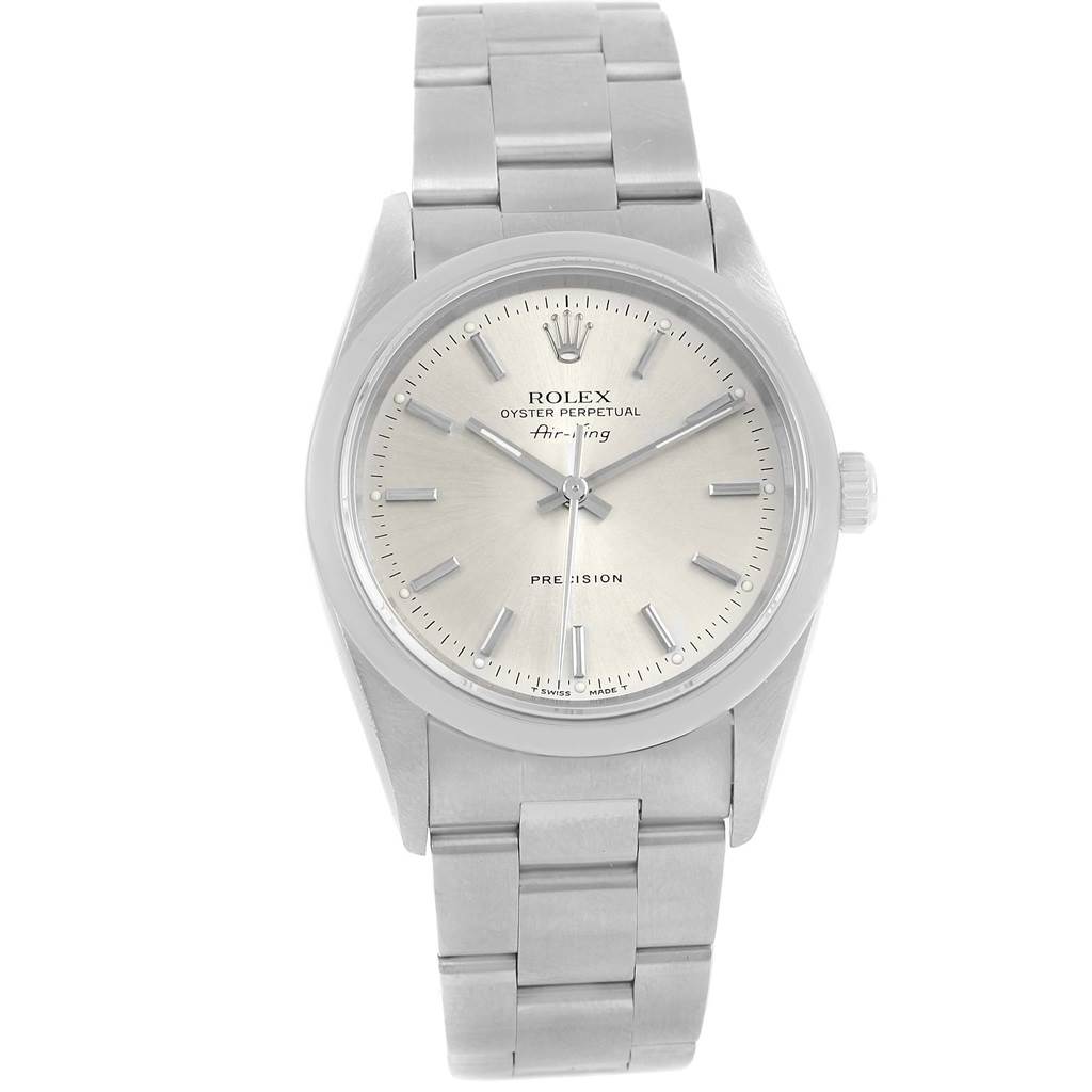 The Rolex Air-King 14000 Men's Stainless Steel Silver Dial 14000 Men's Stainless Steel Silver Dial watch is shown from a front view, displaying the watch face, hands, and metal bracelet.