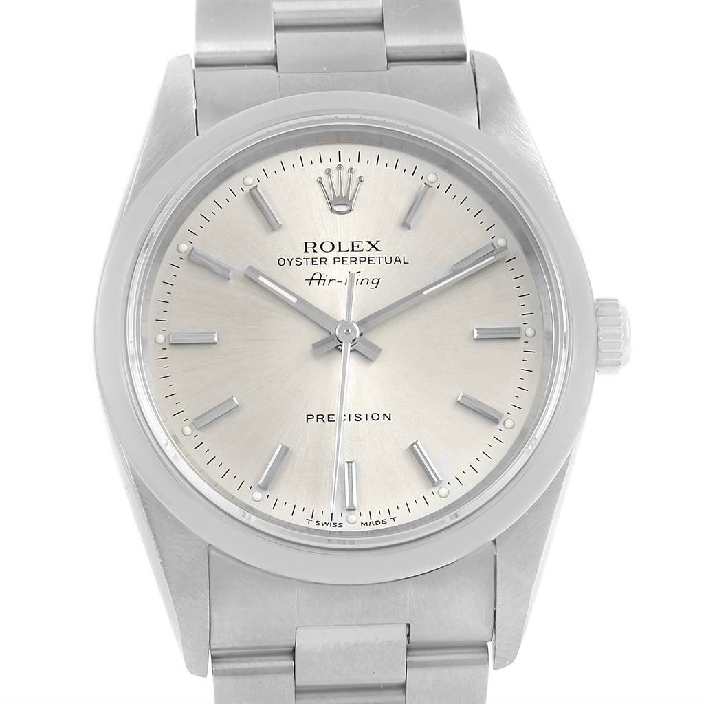 A front-facing Rolex Air-King 14000 Men's Stainless Steel Silver Dial 14000 Men's Stainless Steel Silver Dial watch showing the dial, crown, and partial bracelet.
